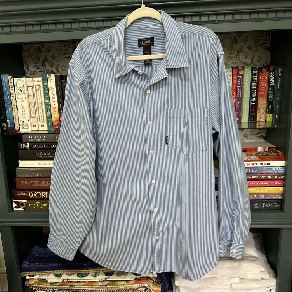 Edwin Satisfaction Brand Thin Striped Blue White Shirt Mens XLarge Long Sleeve